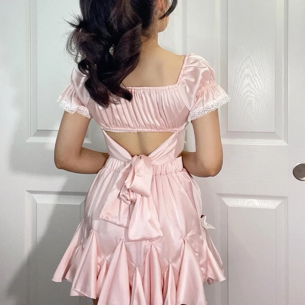 Sugarthrillz satin pastel pink lace and rosette crop top and skirt set